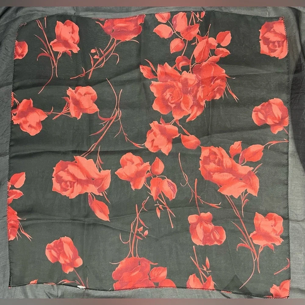 Vintage Black Red Roses Floral Sheer Nylon Scarf